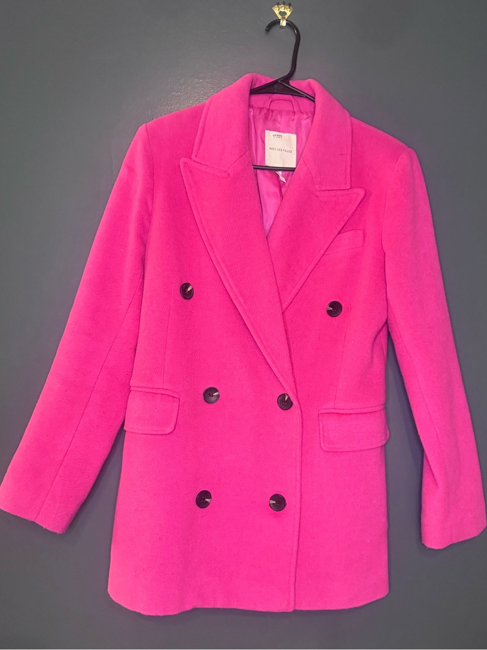 Anthropologie Avec Les Filles Hot Pink Double Breasted Wool Coat Ladies Small Sm